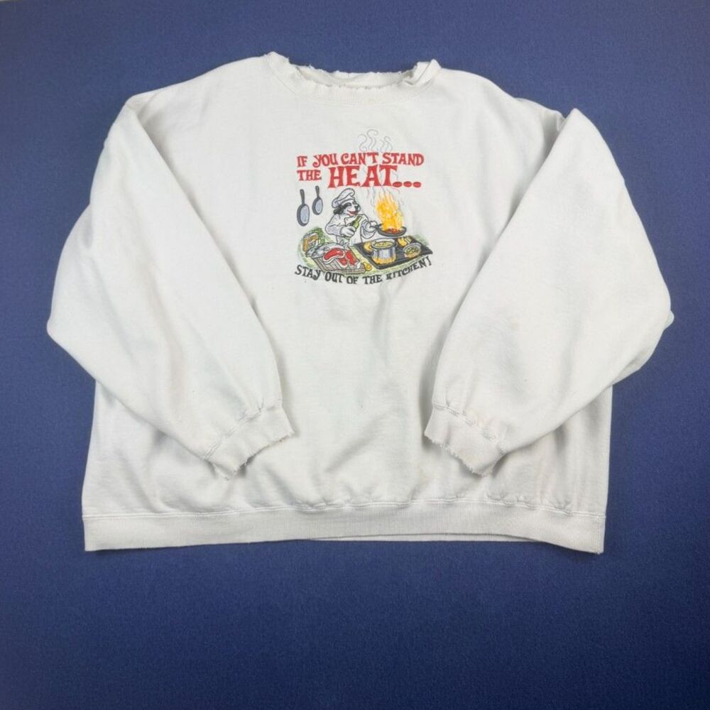 Vintage 90s Big Dogs Embroidered Crewneck Sweatshirt 3XL White Distressed Chef